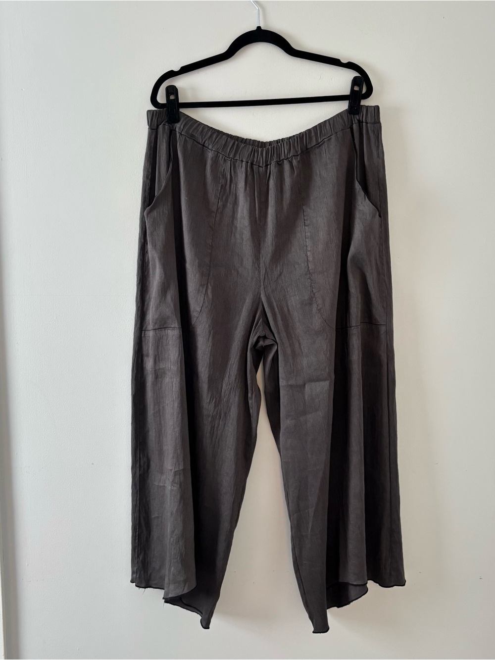 Cynthia Ashby Linen Pull-On Wide Leg Pants Pockets Raw Hem Ankle Crop Grey